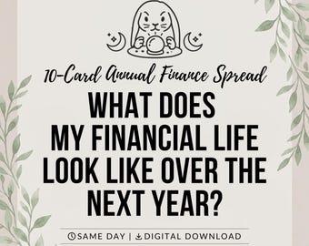 May include: A digital graphic featuring a black line drawing of a rabbit with a crystal ball and crescent moons. The text reads 10-Card Annual Finance Spread, WHAT DOES MY FINANCIAL LIFE LOOK LIKE OVER THE NEXT YEAR?, and SAME DAY | DIGITAL DOWNLOAD.