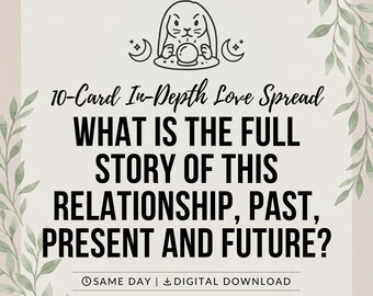 Puede incluir: Un gráfico digital cuadrado con un dibujo lineal negro de un conejo con una bola de cristal, flanqueado por lunas crecientes. El texto dice: 10-Card In-Depth Love Spread, WHAT IS THE FULL STORY OF THIS RELATIONSHIP, PAST, PRESENT AND FUTURE? SAME DAY | DIGITAL DOWNLOAD.