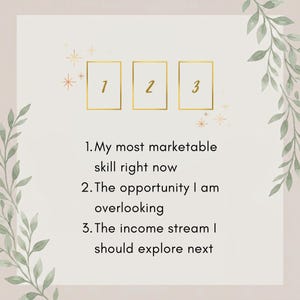 May include: A beige graphic card featuring three gold-outlined rectangles labeled 1, 2, and 3. The text reads: 1. My most marketable skill right now, 2. The opportunity I am overlooking, 3. The income stream I should explore next. Green leaf illustrations frame the sides.