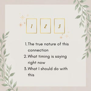 May include: A graphic featuring three gold-outlined rectangles labeled 1, 2, and 3, surrounded by green leaf illustrations and small gold stars. The text reads: 1. The true nature of this connection, 2. What timing is saying right now, 3. What I should do with this.