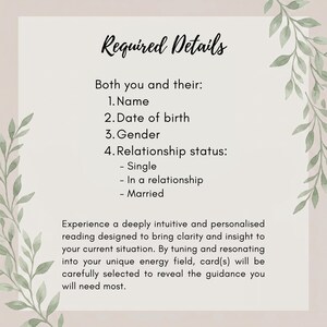 May include: A white informational card with green leaf illustrations on the sides. The text reads: Required Details, Both you and their: 1. Name, 2. Date of birth, 3. Gender, 4. Relationship status: Single, In a relationship, Married. Plus descriptive text.
