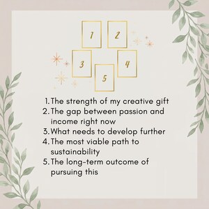 Pu&ograve; includere: Una guida per la stesa dei tarocchi con cinque riquadri rettangolari dorati numerati da uno a cinque, accompagnata dai testi: 1. The strength of my creative gift, 2. The gap between passion and income right now, 3. What needs to develop further, 4. The most viable path to sustainability, 5. The long-term outcome of pursuing this.