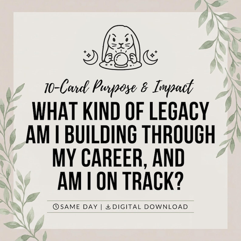 May include: A digital download card featuring a black line drawing of a rabbit with a crystal ball and crescent moons. The text reads: 10-Card Purpose & Impact, WHAT KIND OF LEGACY AM I BUILDING THROUGH MY CAREER, AND AM I ON TRACK? SAME DAY | DIGITAL DOWNLOAD.