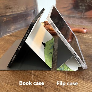 May include: Two tablet cases, a book case and a flip case, are displayed. The book case is black with a white interior featuring a black cat on a green hill design. The flip case is clear. The text "Book case" and "Filp case" are at the bottom.