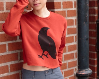 Crow | Cropped fleece sweater | Raven | Black Bird | Fall jacket | Soft  crew neck sweatshirt | Women's jumper