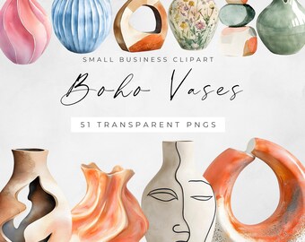 May include: A selection of watercolour-style vases in diverse shapes and colours, including pink, blue, and green. The image features the text "Boho Vases" and "51 Transparent PNGs", indicating a digital art product.