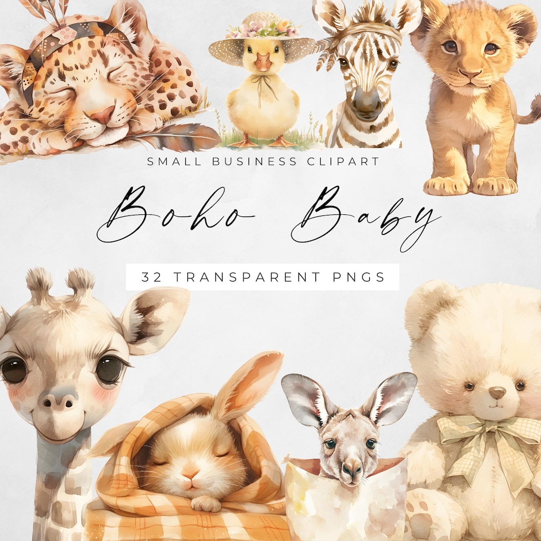Boho Baby Animals Clipart: Watercolor Safari Nursery PNG Set (digital ...