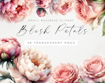 Watercolor Flower Clipart: Blush Rose, Peony & Eucalyptus (PNG Digital Download)