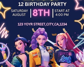 Invitación de cumpleaños de anime K-pop / Tema de cazador de demonios, plantilla de Canva (descarga digital)