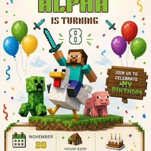 Pixel Block Gamer Birthday Invitation | Boys Gaming Party Invite Digital Download
