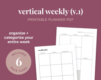 May include: A printable planner PDF with a vertical weekly layout. The planner includes six pages and has a two-page weekly layout. The planner is designed to help you organize and categorize your entire week.