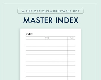 Master Index Printable, Bullet Journal Index, Index Page, Table of Contents, Journal Key || A4 / A5/ Letter / Half Letter / Happy Planner