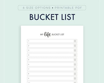 May include: A printable bucket list with 15 lines for writing down goals and dreams. The title is "My life bucket list".
