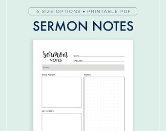 Sermon Notes, Bible Planner, Church Note Taking, Faith Journal, Christian Printable  || A4 / A5 / Letter / Half Letter / Happy Planner