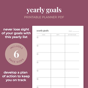 Jaarlijkse doelen, doelenplanner, doelen stellen, doelendagboek || A4 / A5 / Letter / Halve Letter / Happy Planner