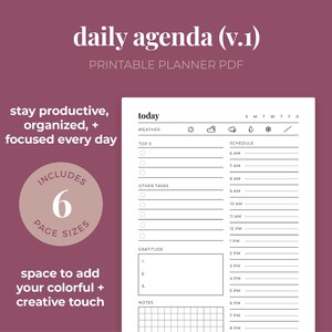 Daily Agenda, Daily Planner, Daily Schedule, Top 3 Planner, 24-Hour Planner A4 / A5 / Letter / Half Letter / Happy Planner image 1