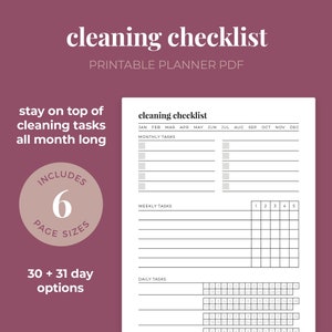 Lista de limpieza imprimible, lista de limpieza mensual, tareas de limpieza diaria // A4 / A5 / Carta / Media carta / Happy Planner
