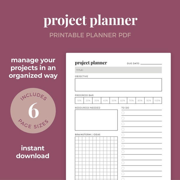 Project Planner, Project Management Template, Project Tracker, Work Planner || A4 / A5 / Letter / Half Letter / Happy Planner