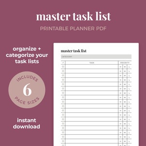 Lista maestra de tareas, lista de tareas pendientes, planificador de tareas, administrador de tareas, rastreador y organizador de tareas // A4 / A5 / Carta / Media carta / Planificador feliz