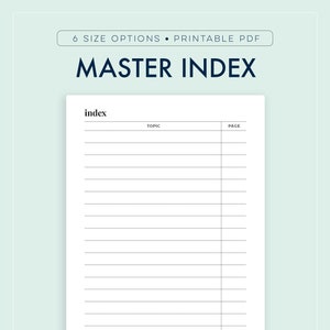 Índice Mestre Imprimível, Índice de Diário de Marcadores, Página de Índice, Índice, Chave de Diário || A4 / A5/ Carta / Meia Carta / Happy Planner