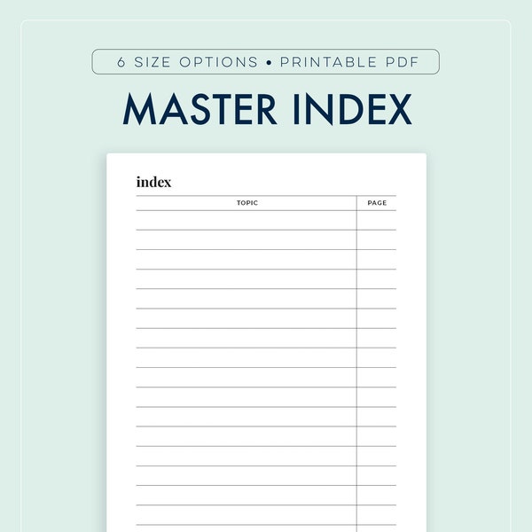 Master Index Printable, Bullet Journal Index, Index Page, Table of Contents, Journal Key || A4 / A5/ Letter / Half Letter / Happy Planner