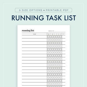 Puede incluir: Lista de tareas de running imprimible con una casilla de verificación para cada día de la semana. La lista incluye una sección para las tareas y una sección para cada día de la semana, de lunes a domingo.