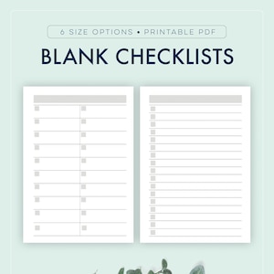 May include: Two printable blank checklists with check boxes and lines for writing. The checklists are on a light blue background with a sprig of green leaves.