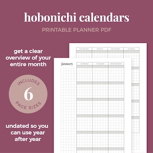 Puede incluir: Planificador de calendario imprimible en un esquema de color gris claro y blanco con el texto "hobonichi calendars" y "enero" en la página. El calendario no está fechado e incluye seis tamaños de página diferentes.