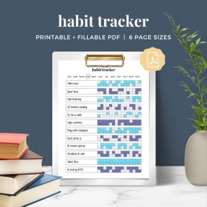 May include: A printable habit tracker with a blue and purple color scheme. The tracker includes a calendar for each month of the year and a list of habits to track, such as making the bed, quiet time, hair/makeup, 20 minutes of reading, 60 minutes of walking, wiping counters, praying with a husband, no sugar after 6 pm, 10 minute pickup, no dishes in the sink, washing the face, and in bed by 10:30 pm.