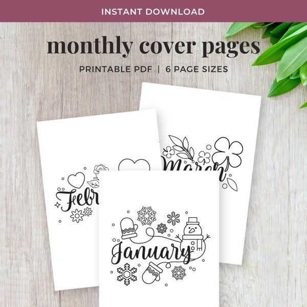 Pages de couverture mensuelles, pages à colorier mensuelles imprimables, tableau de bord mensuel saisonnier || A4 / A5 / Lettre / Demi-lettre / Happy Planner