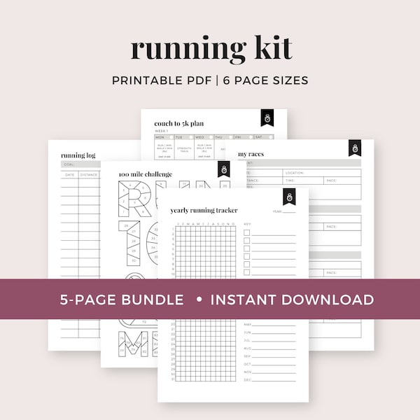 Running Tracker Kit, Fitness Planner, Couch to 5K Plan, Race Log Printable, Mile Challenge || A4 / A5 / Letter / Half Letter / Happy Planner