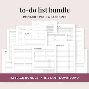 May include: A printable to-do list bundle featuring 6 different page sizes. The bundle includes pages for a running list, priority matrix, this week, recurring tasks, someday maybe, and a task list. The pages are all in black and white and have a minimalist design.