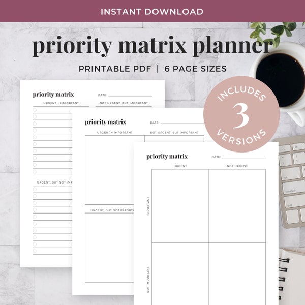 Priority Matrix Task Tracker, Stay on Top of Your To Do List, Decision Matrix, Eisenhower Matrix, Instant Download PDF, Happy Planner Sizes