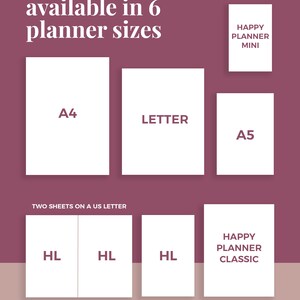 May include: A graphic showing six different planner sizes, including Happy Planner Mini, A5, Letter, A4, Happy Planner Classic, and a size that is two US Letter sheets. The text "available in 6 planner sizes" is at the top of the graphic.