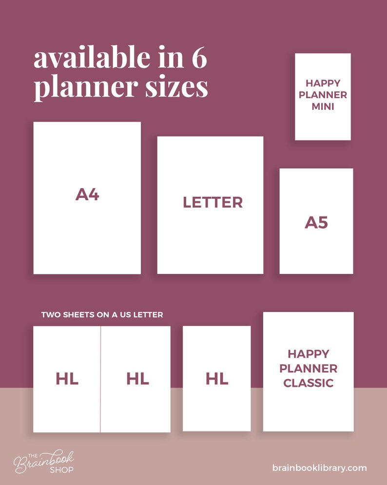 May include: A graphic showing six different planner sizes, including Happy Planner Mini, A5, Letter, A4, Happy Planner Classic, and a size that is two US Letter sheets. The text "available in 6 planner sizes" is at the top of the graphic.