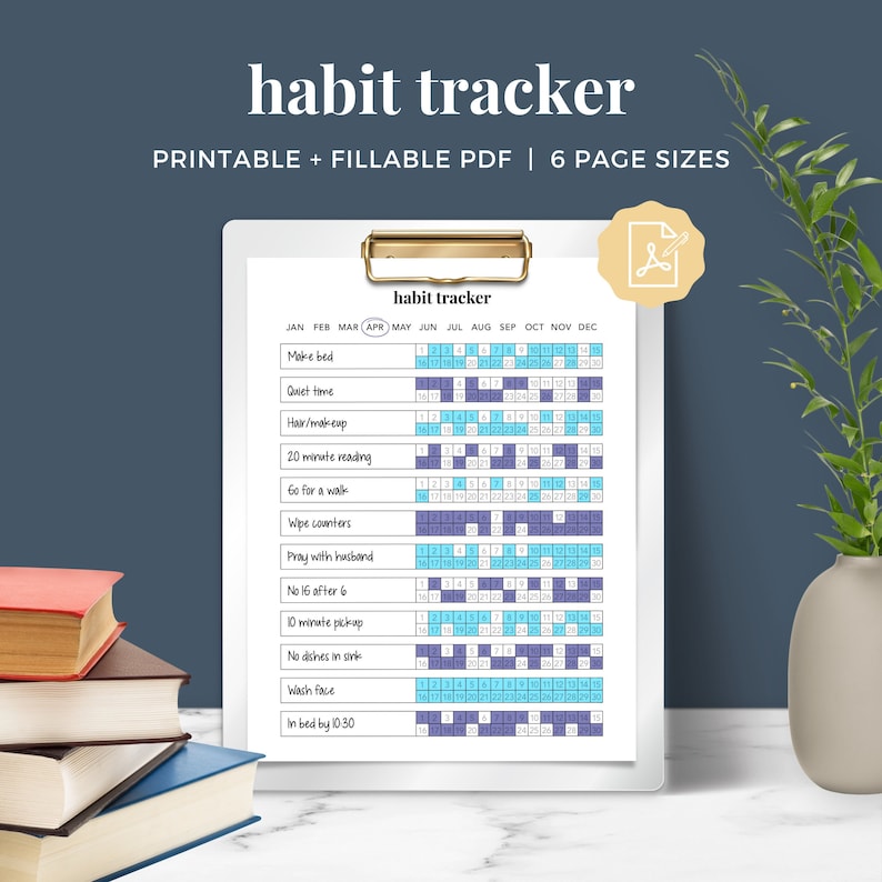 May include: A printable habit tracker with a blue and purple color scheme. The tracker includes a calendar for each month of the year and a list of habits to track, such as making the bed, quiet time, hair/makeup, 20 minutes of reading, 60 minutes of walking, wiping counters, praying with a husband, no sugar after 6 pm, 10 minute pickup, no dishes in the sink, washing the face, and in bed by 10:30 pm.