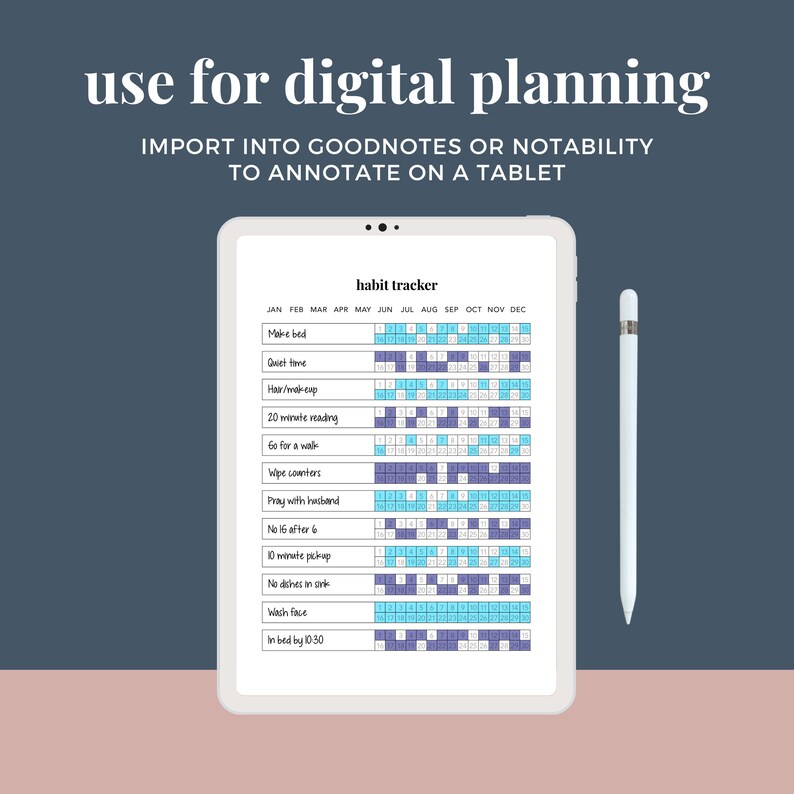 May include: A digital habit tracker on a tablet screen. The tracker is a grid with months of the year across the top and a list of habits down the side. The habits include "Make bed", "Quiet time", "Hair/make-up", "20 minute reading", "60 for a walk", "Wipe counters", "Pray with husband", "No 16 after 6", "10 minute pickup", "No dishes in sink", "Wash face", and "In bed by 10:30".