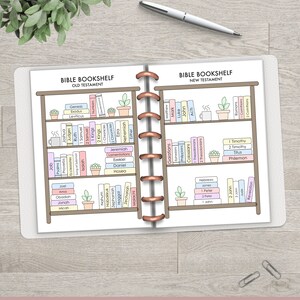 May include: A printable Bible bookshelf planner with a brown bookshelf and colorful book spines. The bookshelf is divided into two sections, one for the Old Testament and one for the New Testament. The books are labeled with the names of the books of the Bible.