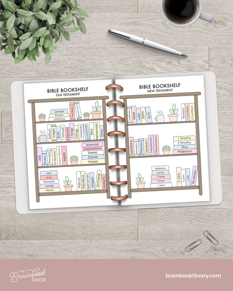 May include: A printable Bible bookshelf planner with a brown bookshelf and colorful book spines. The bookshelf is divided into two sections, one for the Old Testament and one for the New Testament. The books are labeled with the names of the books of the Bible.