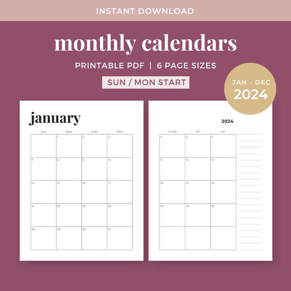 2024 Two-page Monthly Calendars, Printable Calendar Template, Minimalist  Digital Monday/sunday Start, Happy Planner, A4, A5, Letter, Junior - Etsy