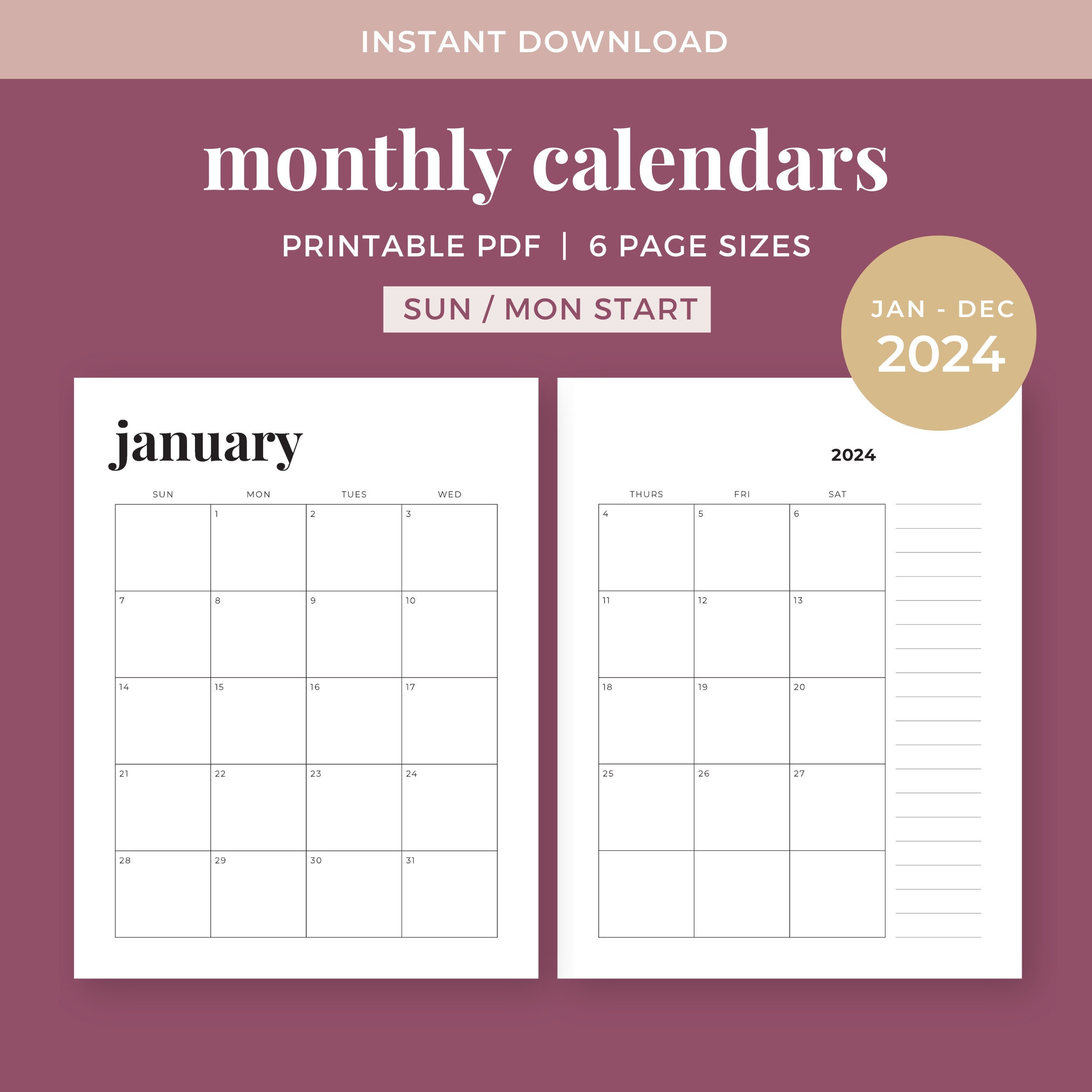 2024 Two-page Monthly Calendars, Printable Calendar Template ...