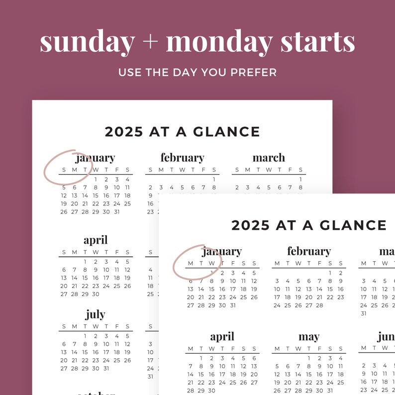 20242025 Year at a Glance, Yearly Wall Calendar Printable, Desk