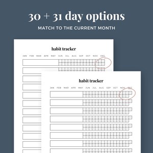 May include: Printable habit tracker with two options for 30 or 31 days. The tracker is designed to be used for a single month and includes a grid with numbered days.