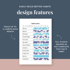 May include: A printable habit tracker with a blue and white color scheme. The tracker includes a calendar for each month of the year and a list of 14 habits to track. The text "habit tracker" is at the top of the page. The text "FILL IN EACH SQUARE AS YOU COMPLETE THAT DAY'S HABIT" is on the right side of the page.