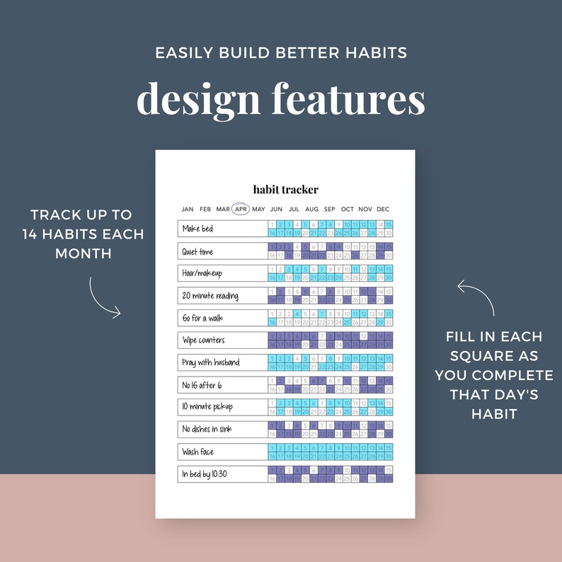 May include: A printable habit tracker with a blue and white color scheme. The tracker includes a calendar for each month of the year and a list of 14 habits to track. The text "habit tracker" is at the top of the page. The text "FILL IN EACH SQUARE AS YOU COMPLETE THAT DAY'S HABIT" is on the right side of the page.