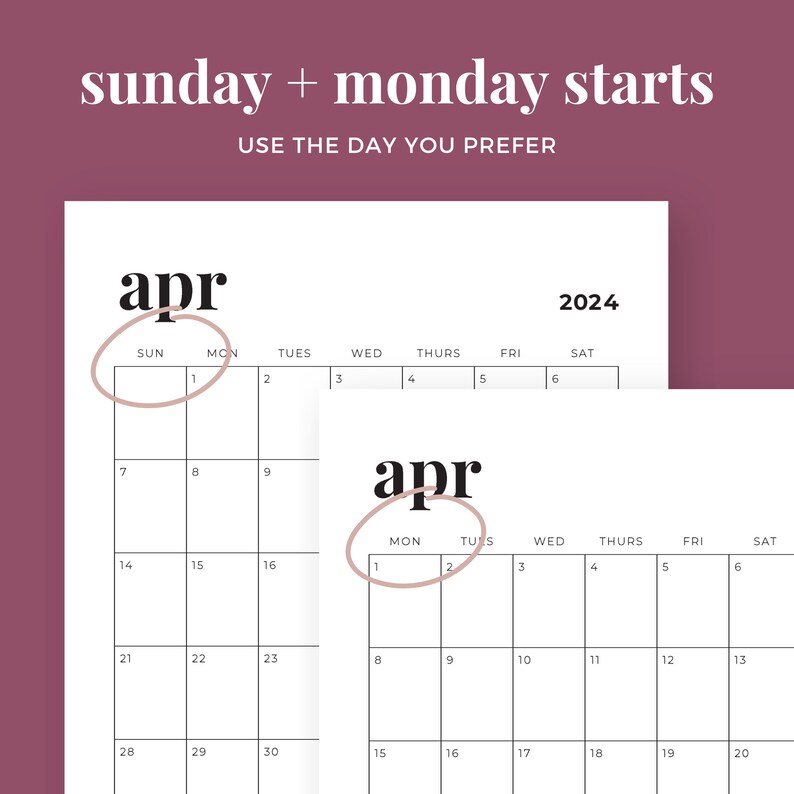 2024 Portrait Monthly Calendars Printable Calendar Template Etsy