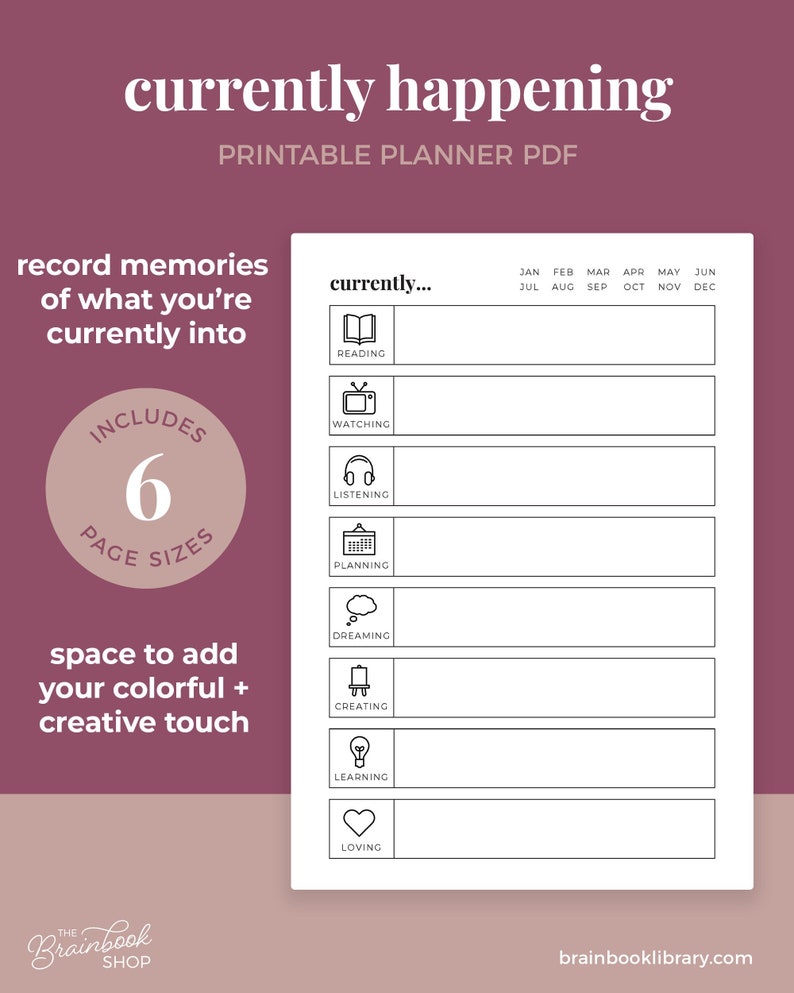 Currently Happening Memory Tracker, Reading, Loving, Watching, Monthly Review A4 / A5 / Letter / Half Letter / Happy Planner image 1