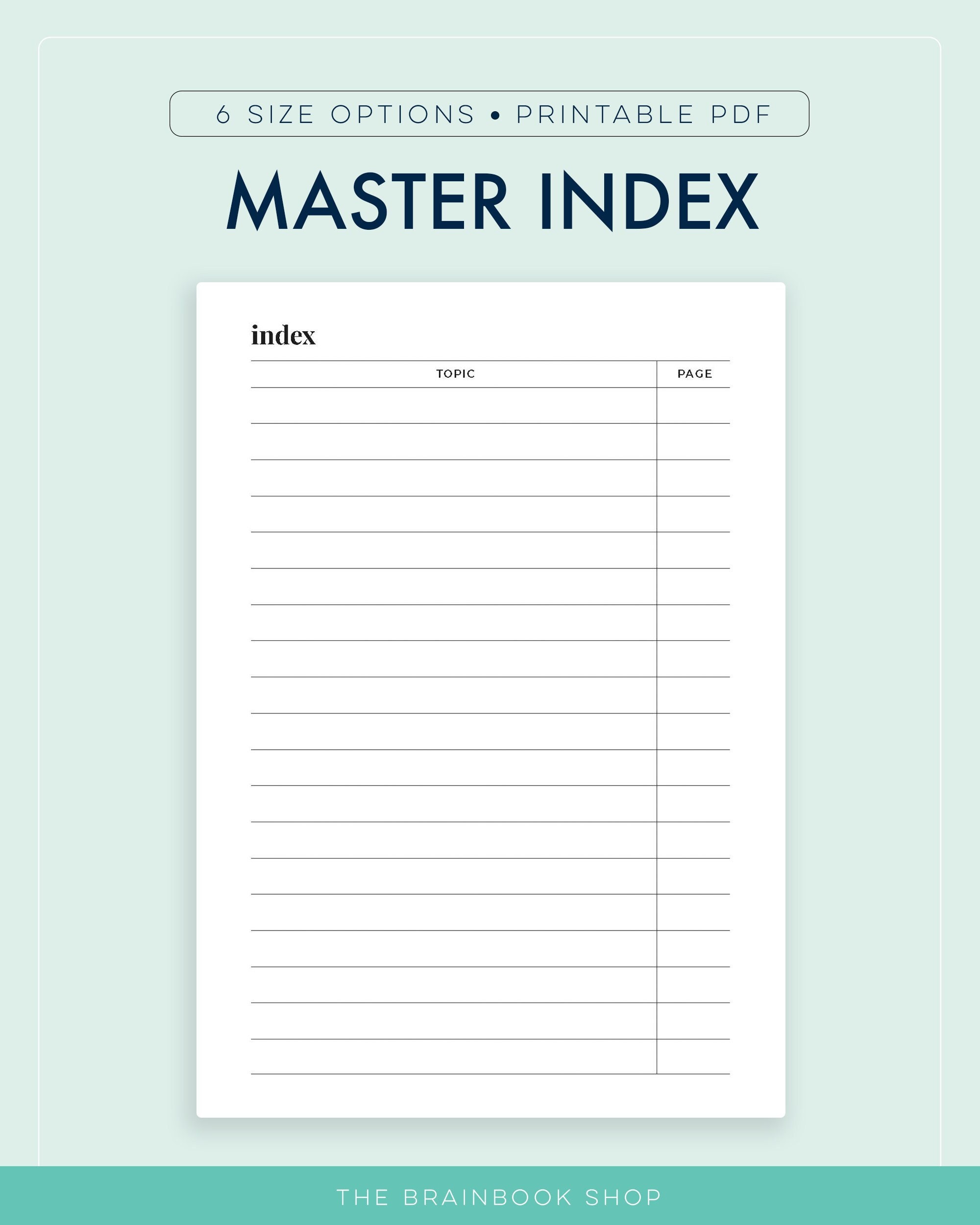 Master Index Printable, Bullet Journal Index, Index Page, Table of