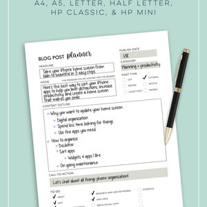 May include: A white blog post planner sheet with handwritten notes and a black pen. The planner includes sections for the headline, hook, content outline, and call-to-action. The category is "Planning + productivity".