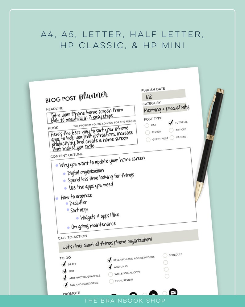 May include: A white blog post planner sheet with handwritten notes and a black pen. The planner includes sections for the headline, hook, content outline, and call-to-action. The category is "Planning + productivity".